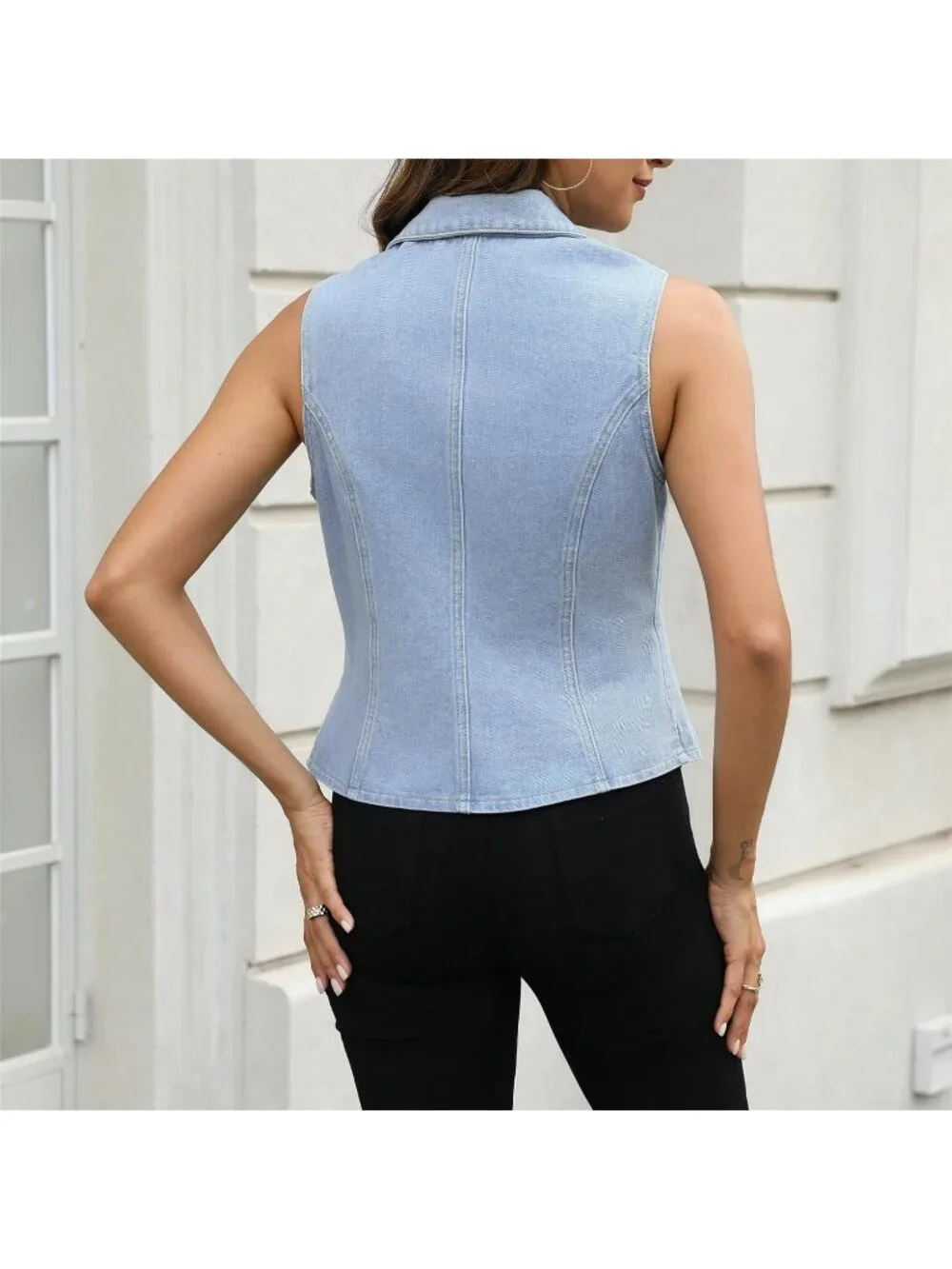 Women's Light Blue Lapel Denim Vest Sleeveless Business Work Jean Waistcoat Vest - Picture 5 of 5